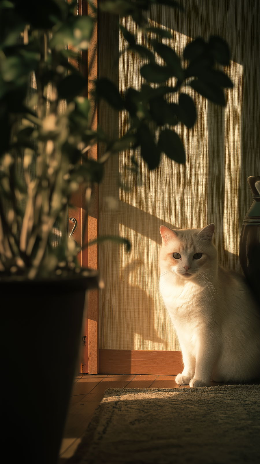 Colorful cat with vibrant patterns sitting in a garden
