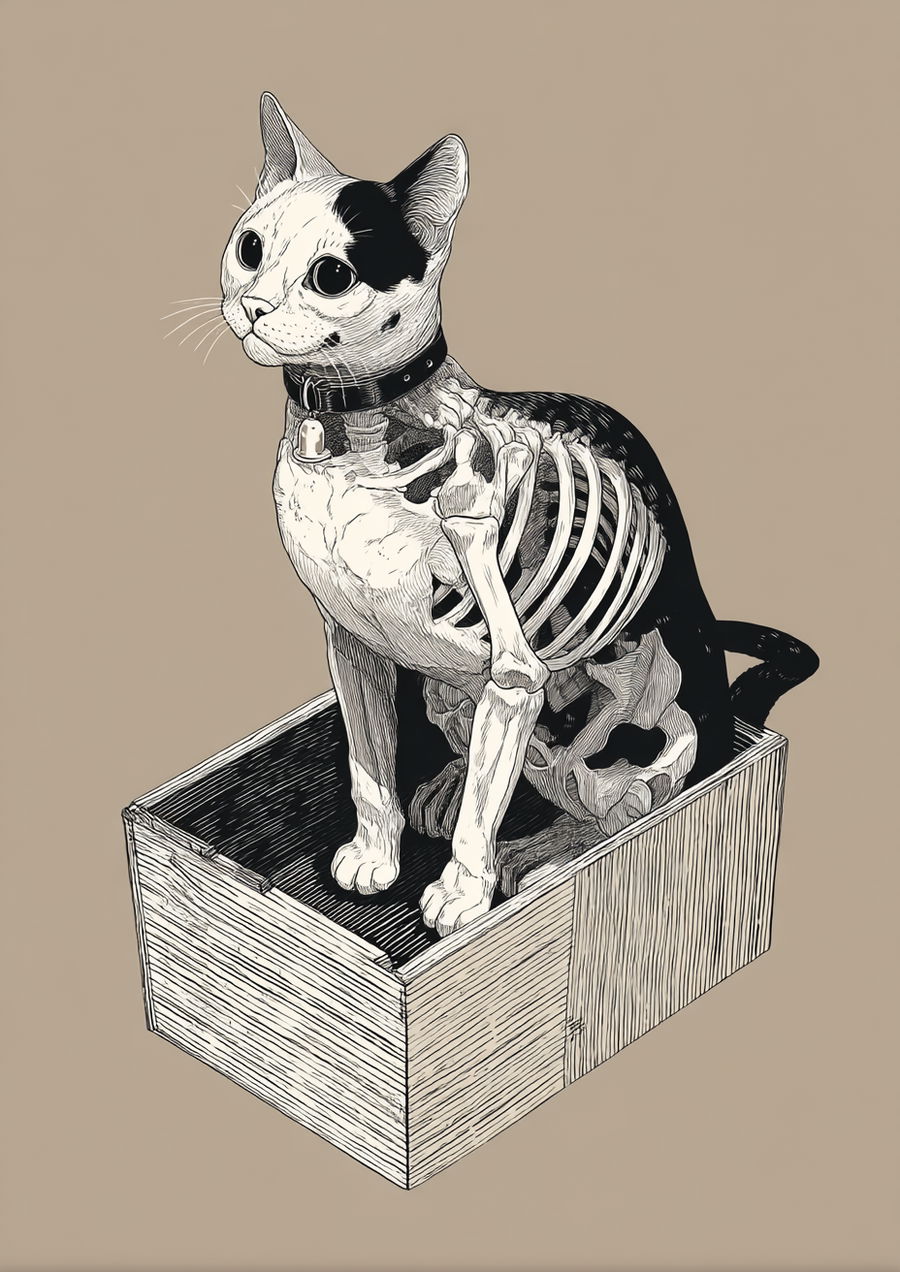 Skeletal cat with bell collar sitting in a box