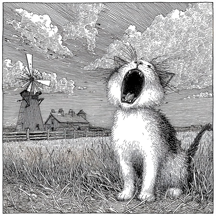 Yawning cat in front of a colorful farm scene