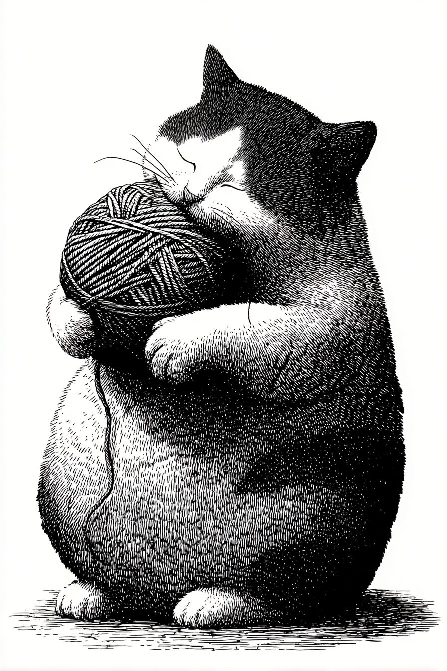Cat hugging colorful yarn ball in ink illustration