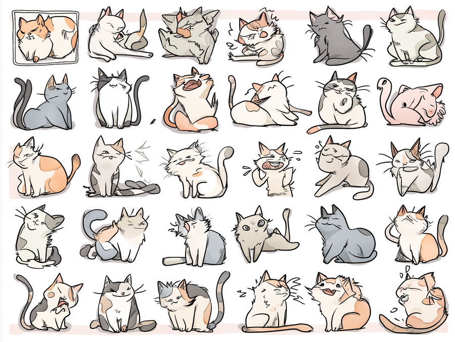 Cartoon cats with playful expressions on pastel sticker sheet