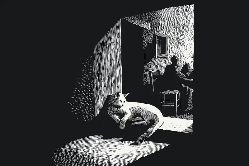 Minimalist Cat Engraving for Cozy Country House Decor