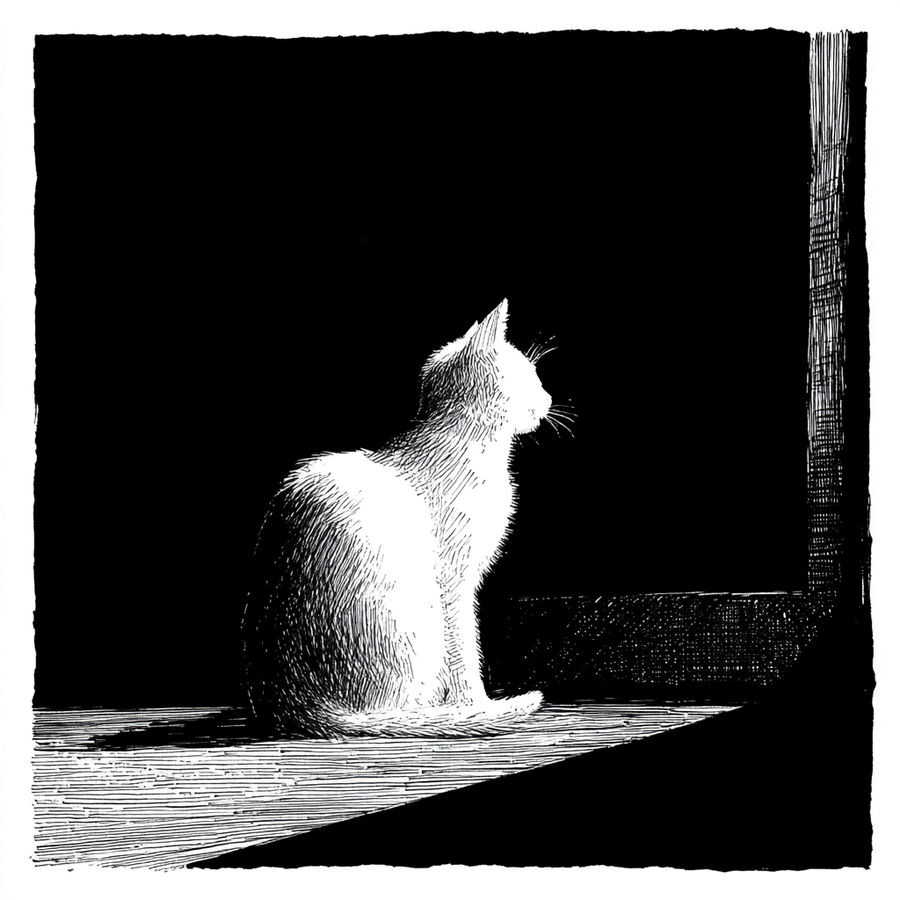 Ink sketch of a black square with a white cat silhouette