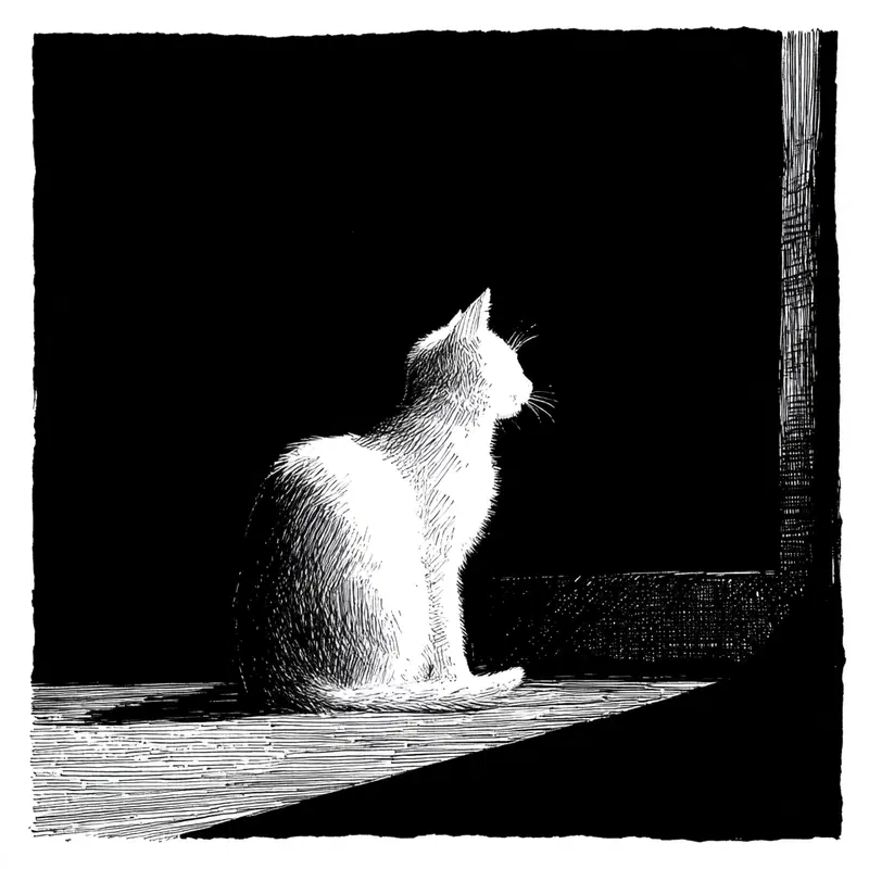 Elegant Ink Sketch of a White Cat in Minimalist Decor Style