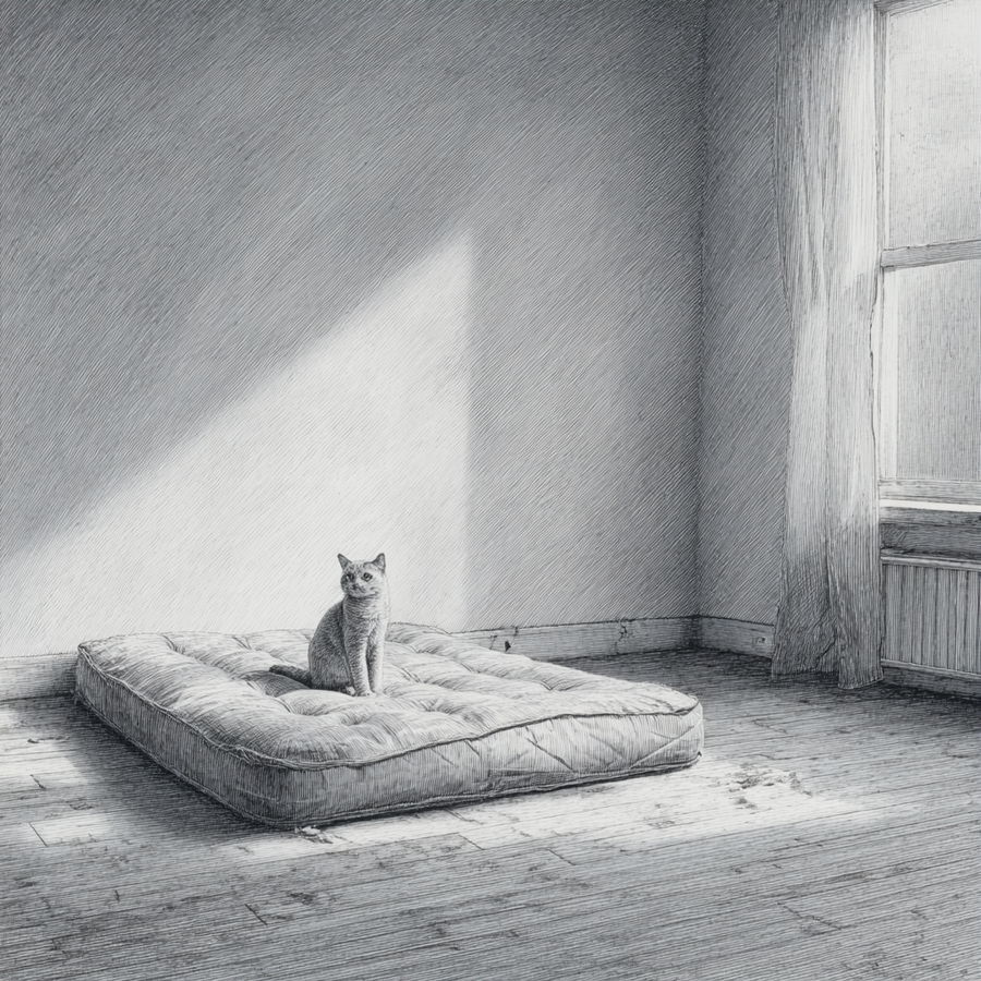 Light gray cat on air mattress in empty room