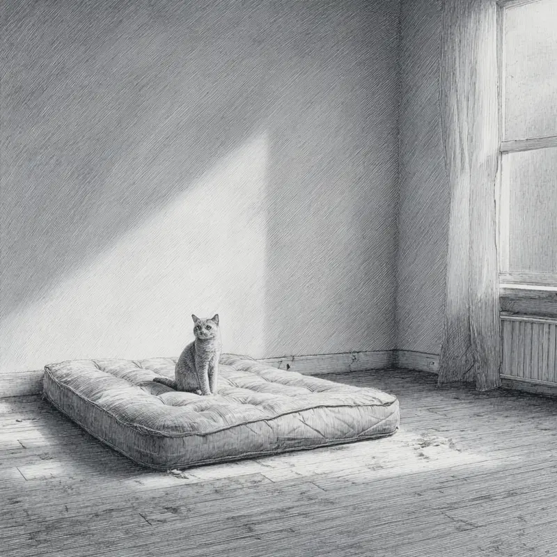 Light Gray Cat on Air Mattress: Minimalist Room Decor Inspiration