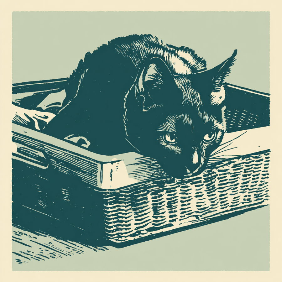 Cat crawling into a laundry basket in minimalistic linocut art