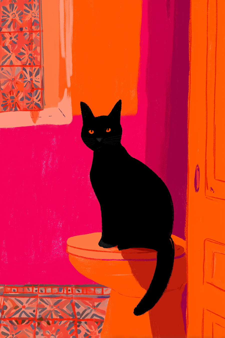 Cat on toilet with grim expression in bright orange and pink