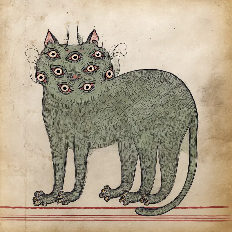 Whimsical Cat Illustration with Multiple Eyes in Medieval Style