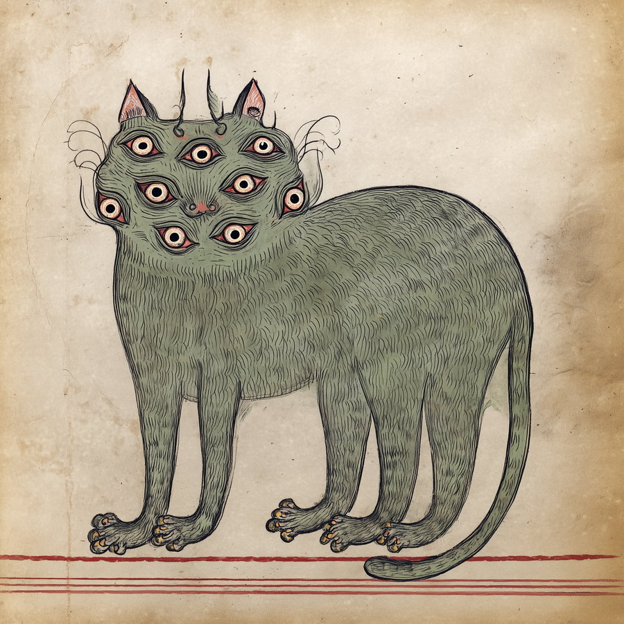 Cat with multiple eyes in medieval illuminated manuscript style