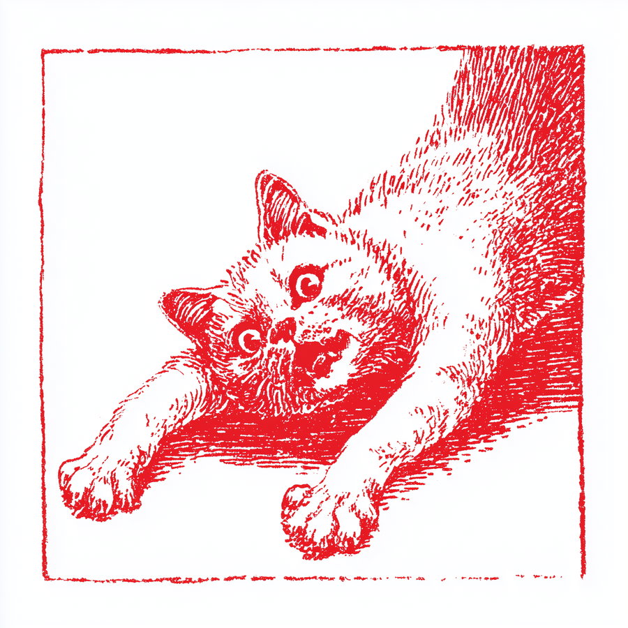 Crude illustration of a stretching cat in red grease