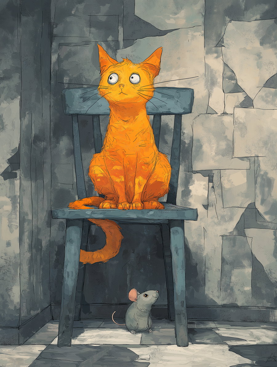 Naïve painting of scared cat on chair with mouse underneath