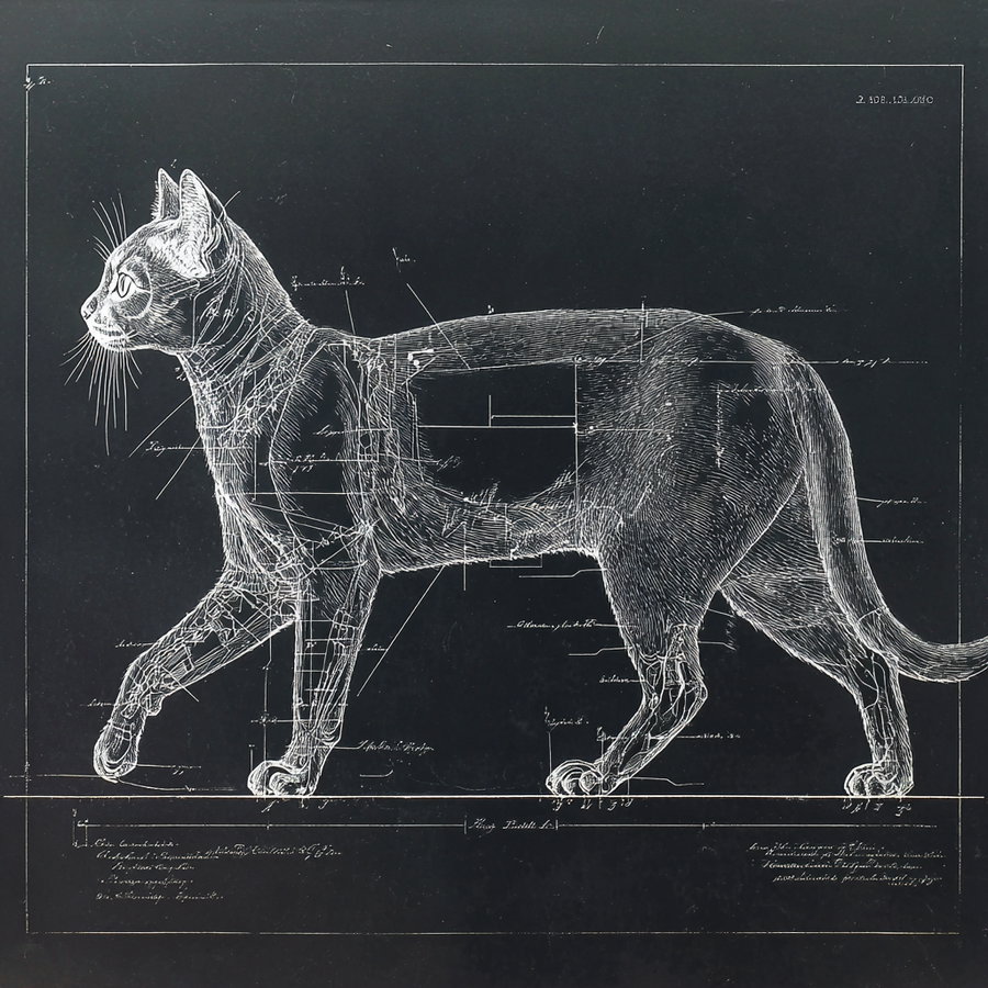 Patent-style cat sketch on black background side view