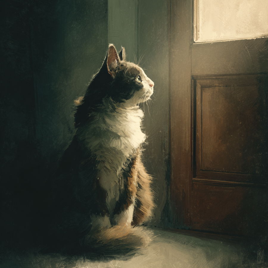 Gentle cat illustration in soft light, earthy colors, calm atmosphere