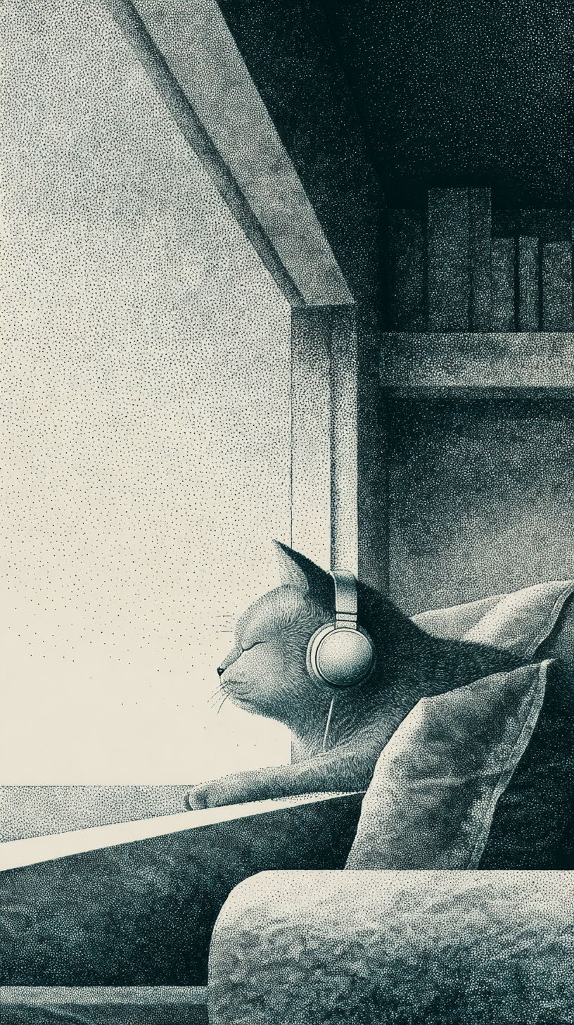 Anthropomorphic cat with headphones sleeping on sofa by window