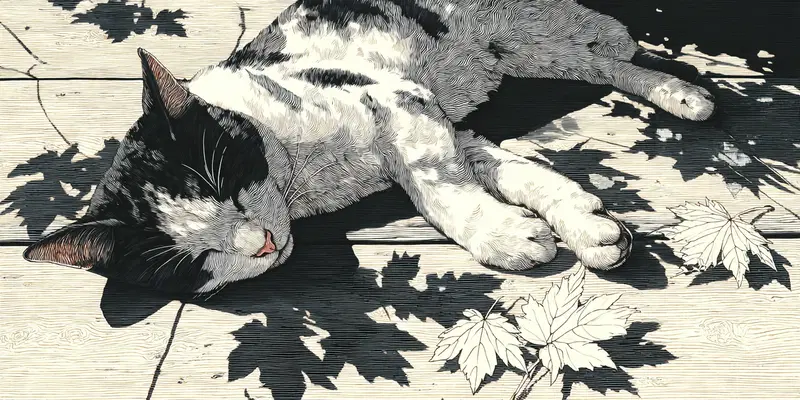 Artistic Black and White Cat Illustration with Leaf Shadows