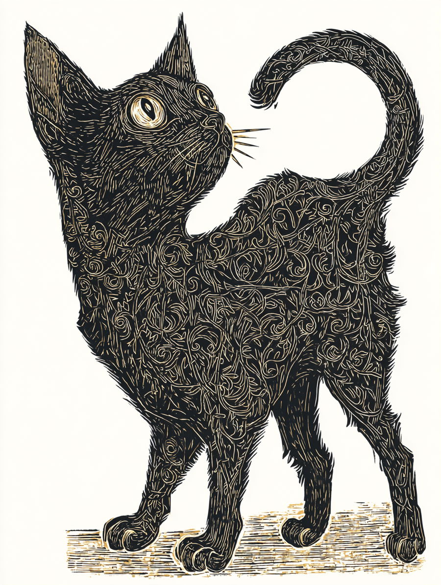 Plucked cat woodcut print with intricate details and composition