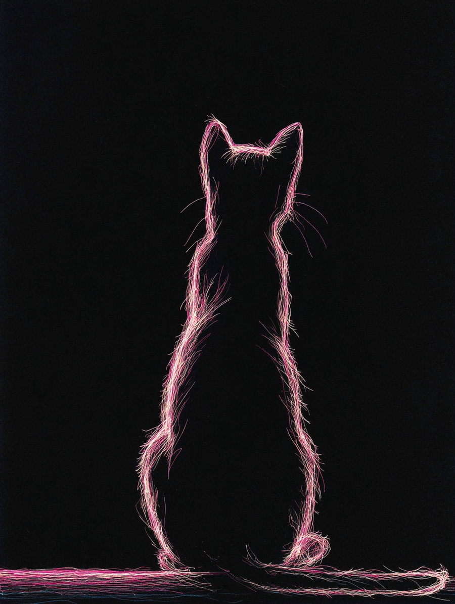 Minimalist pink outline of a cat silhouette on black background