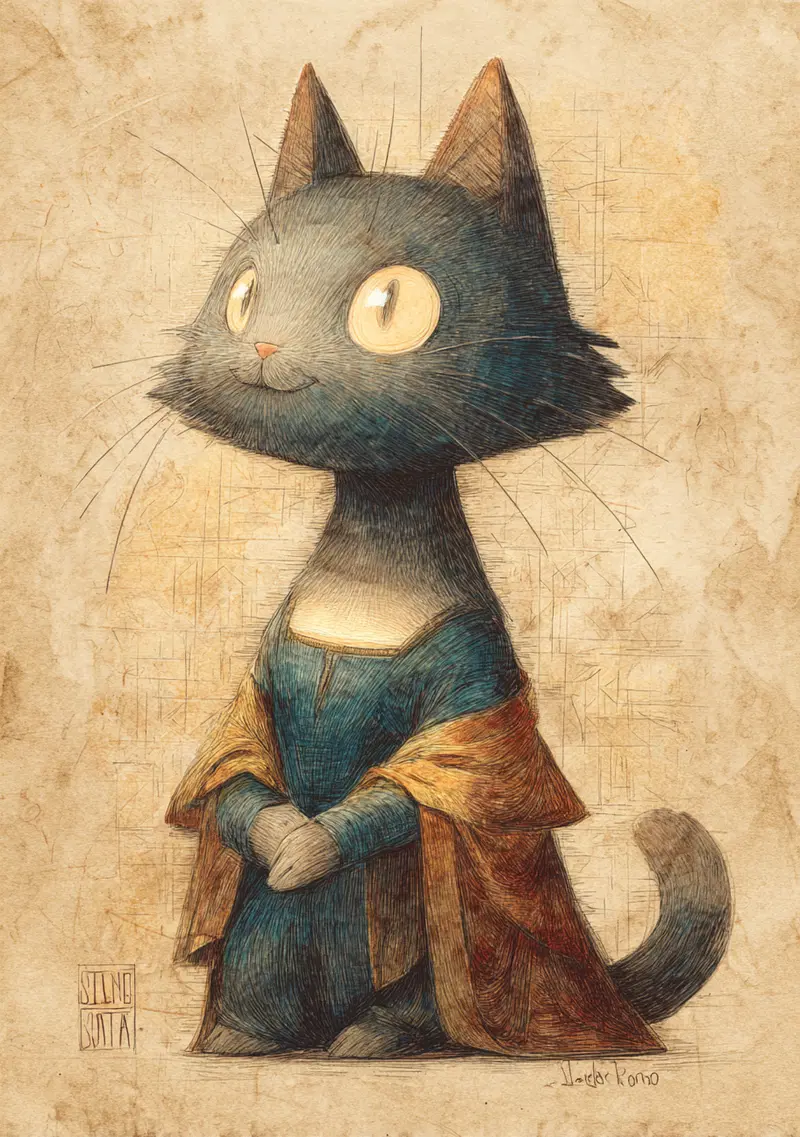 Adorable Vintage Cat Art in Da Vinci's Mona Lisa Style