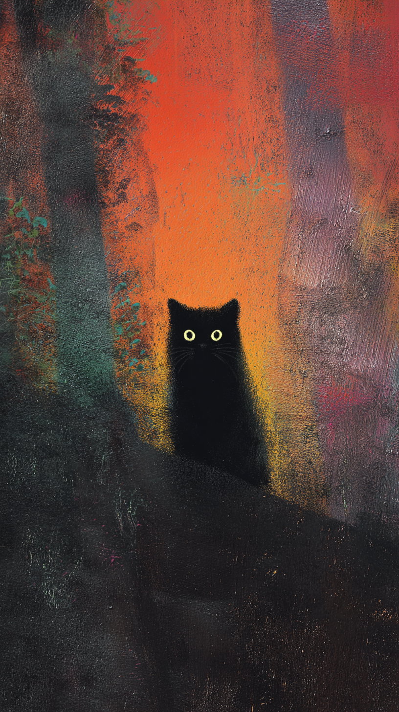 Playful cat lounging in colorful, whimsical garden setting