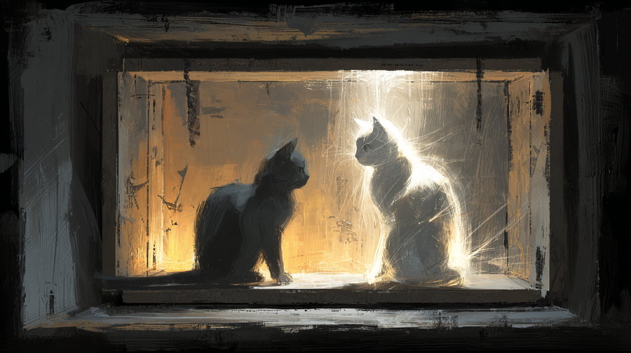 Two cats in a box, one ghostly and glowing