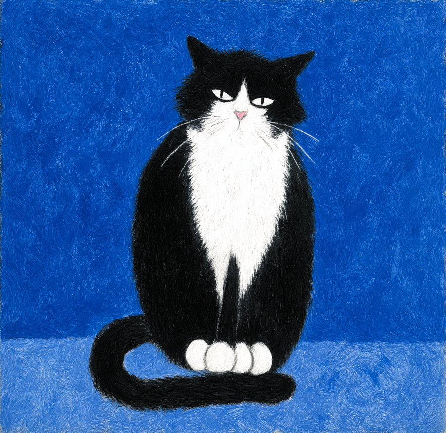 Black and white cat stretching in Matisse style with blue background