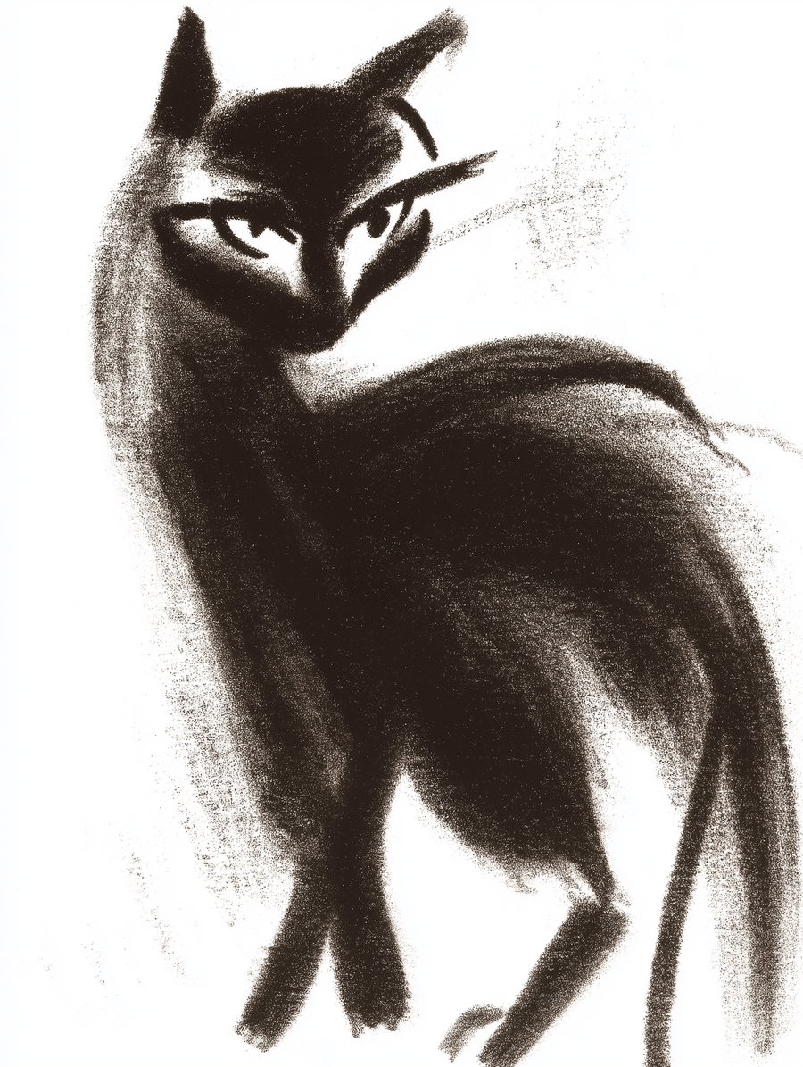 Artistic hand-drawn cat with bold fluid strokes on white background