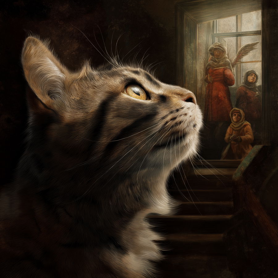 A fluffy cat lounging peacefully in a sunlit garden