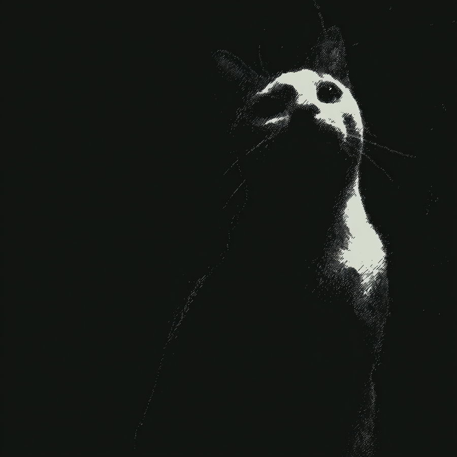 Simple line drawing of a cat on black background