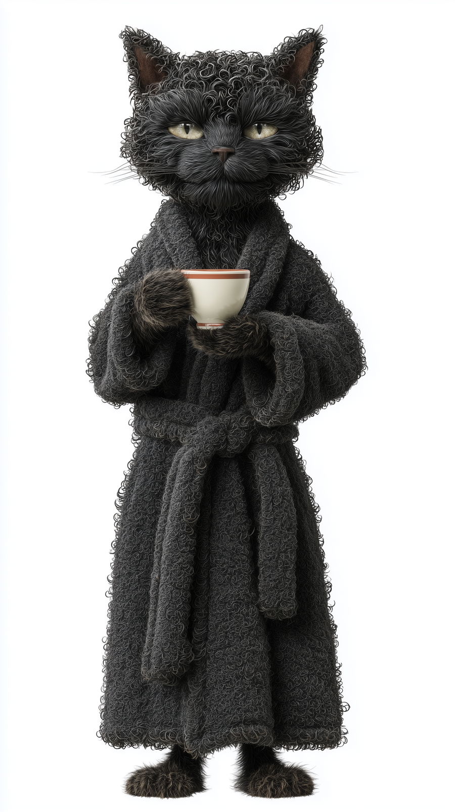 Photo realistic black cat with human body in robe