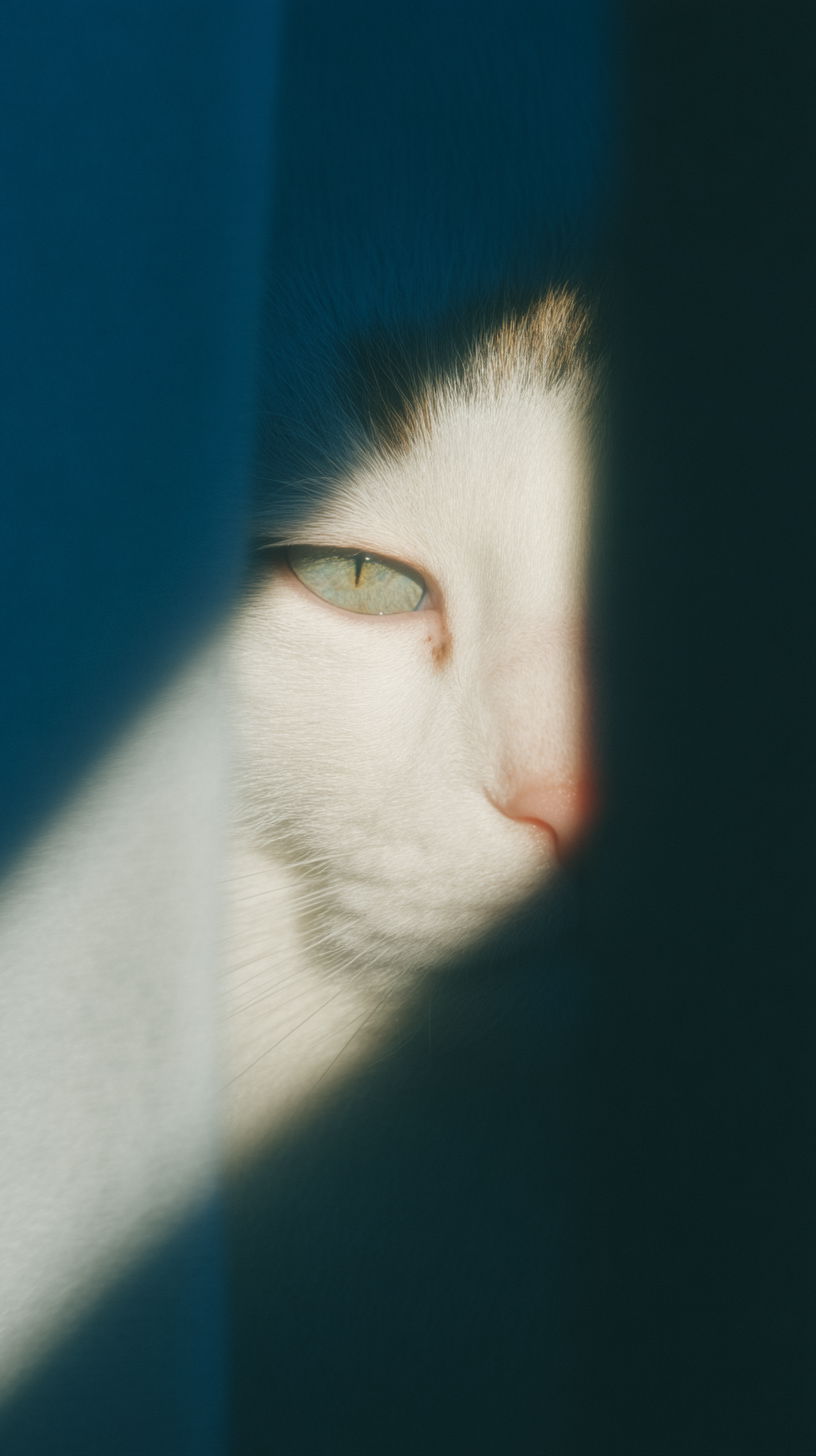 Cat's face in dramatic split lighting in dim room