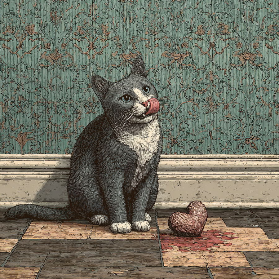 Disinterested cat licking paw near heart-shaped hairball