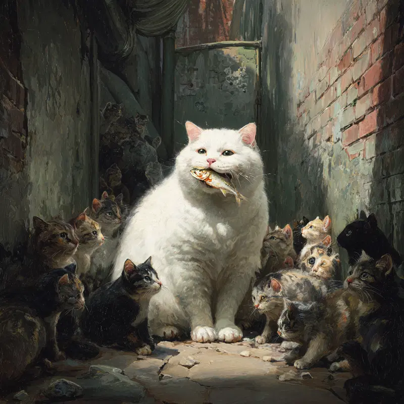 Charming Alley Cat Scene with Tabby and Black Cats Inspiration