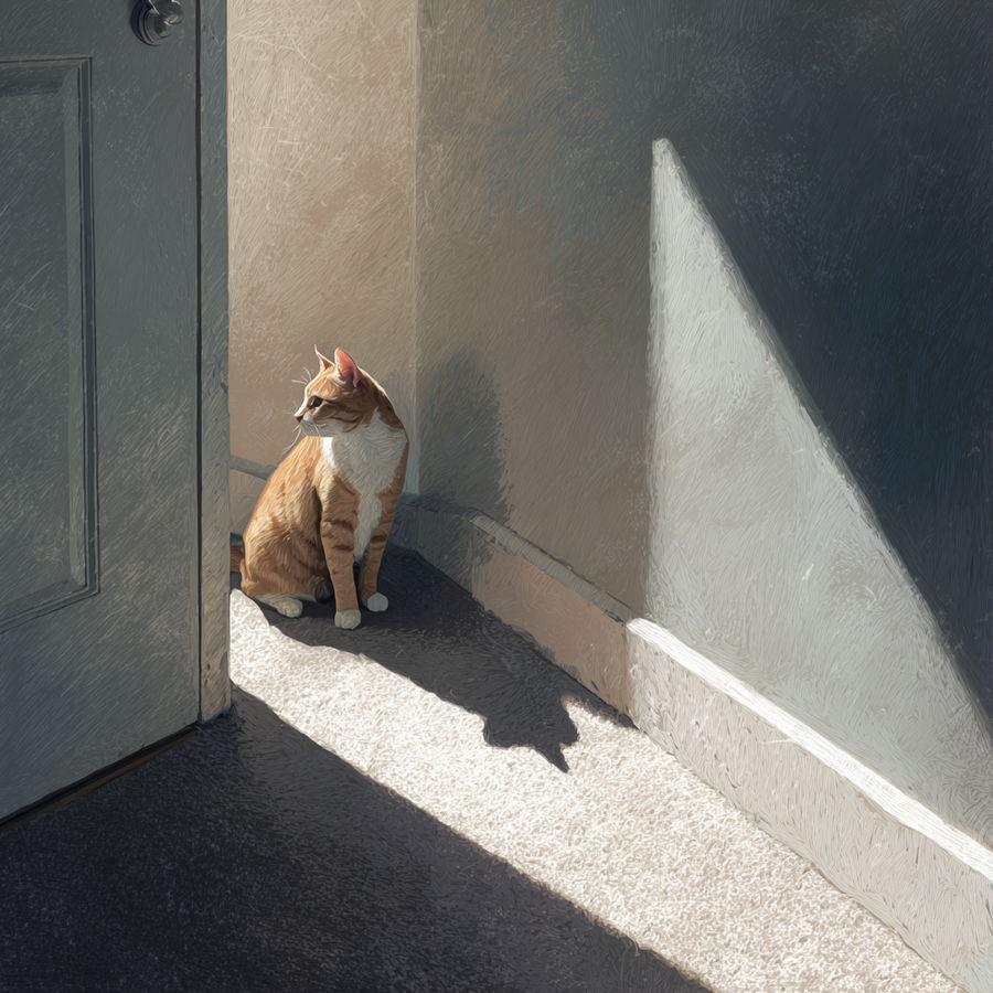 Photorealistic cat peeking around corner in sunlight