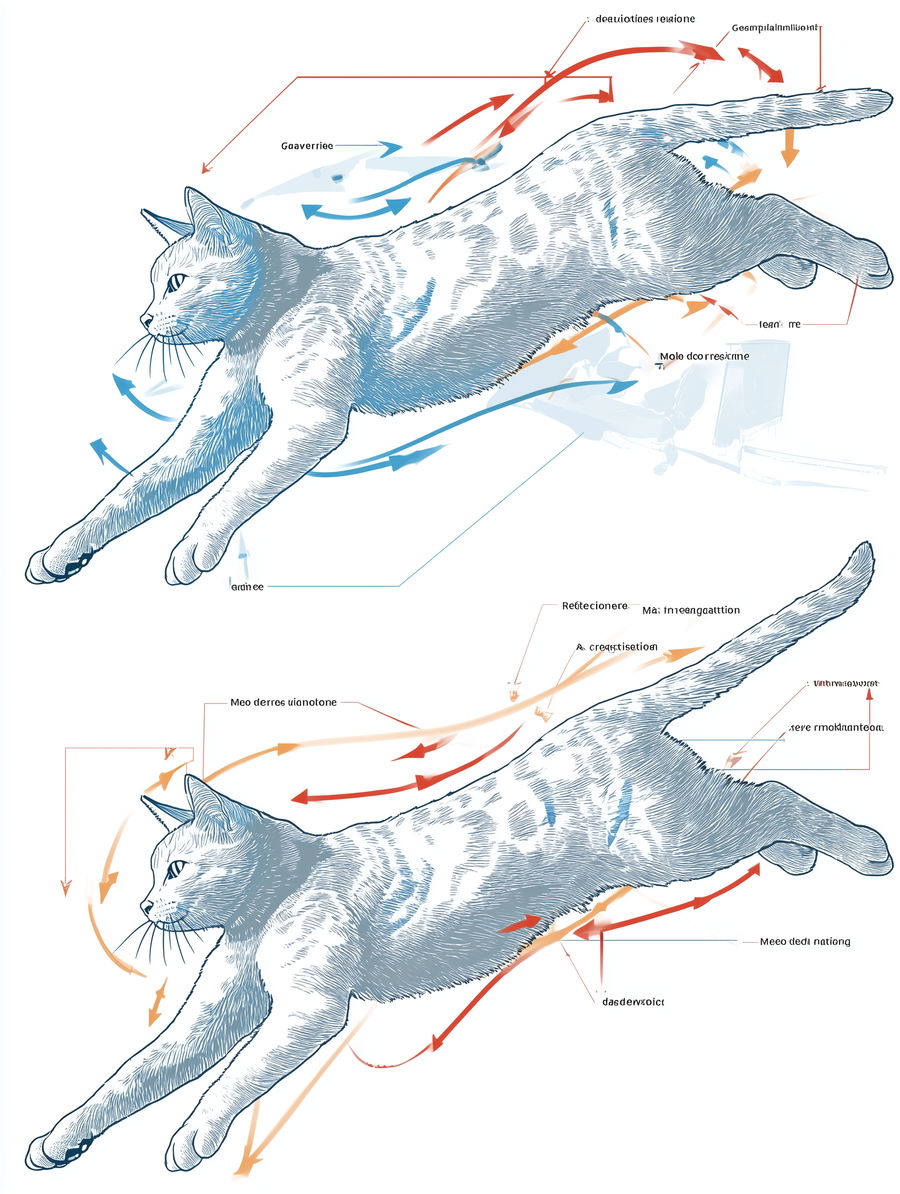 Cat in free fall illustrating gravity, air resistance, and muscle forces