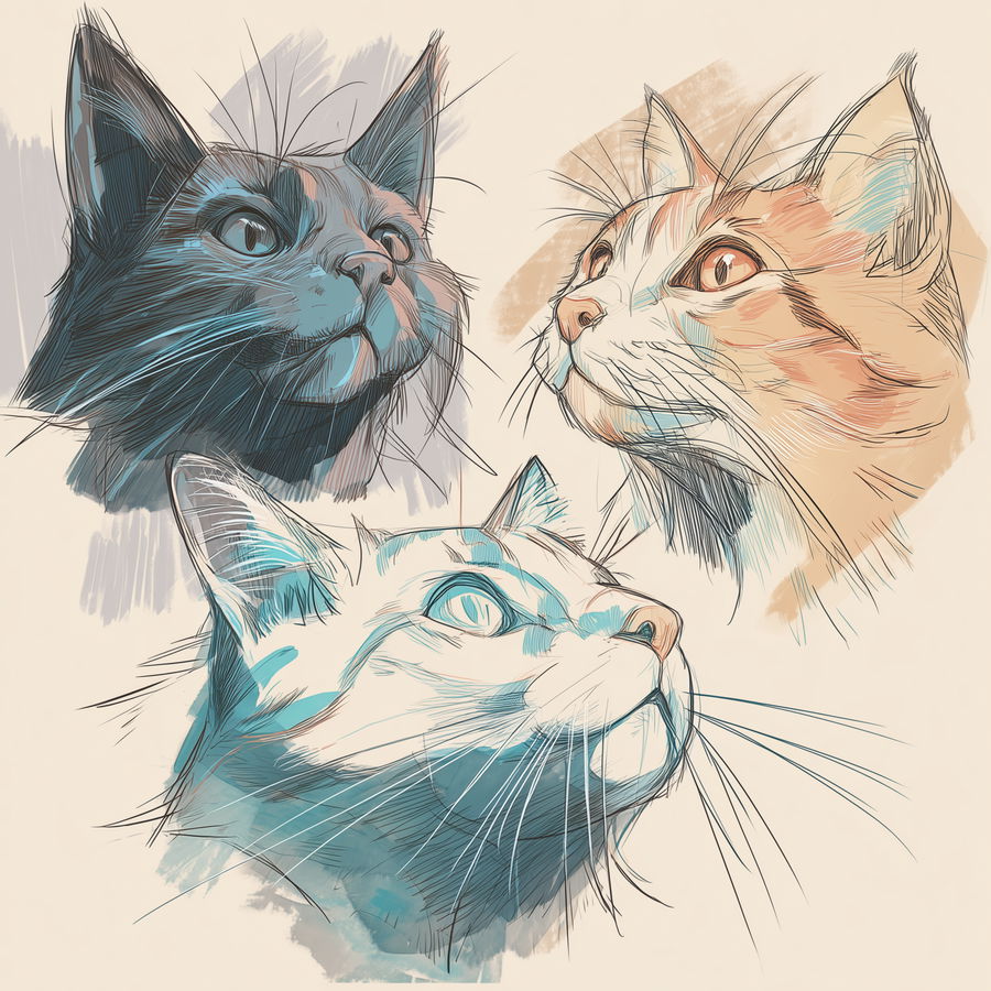 Boldly sketched cat portraits with watercolor highlights and shadows