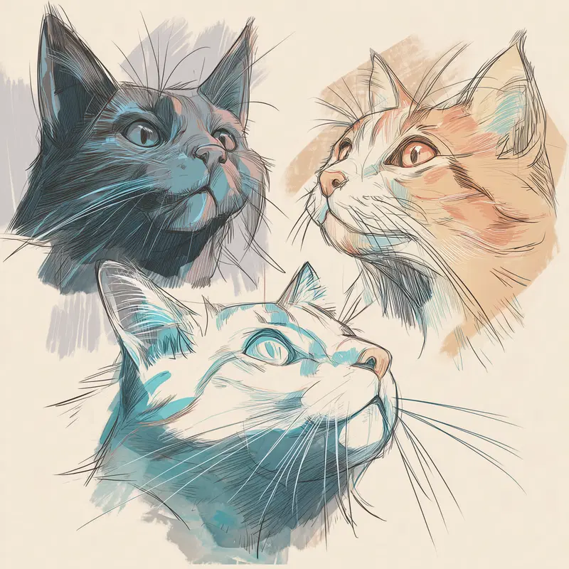 Stylish Cat Portraits with Bold Lines and Watercolor Accents