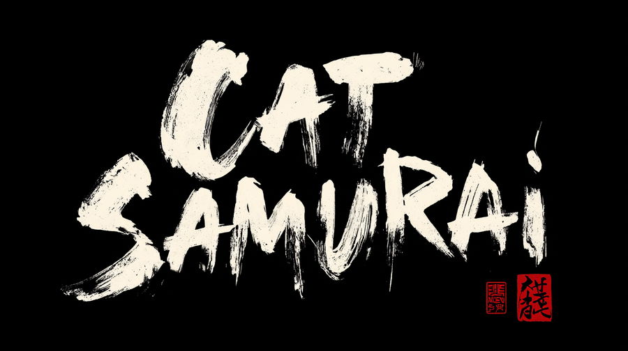 Japanese brush lettering of "Cat Samurai" on black background