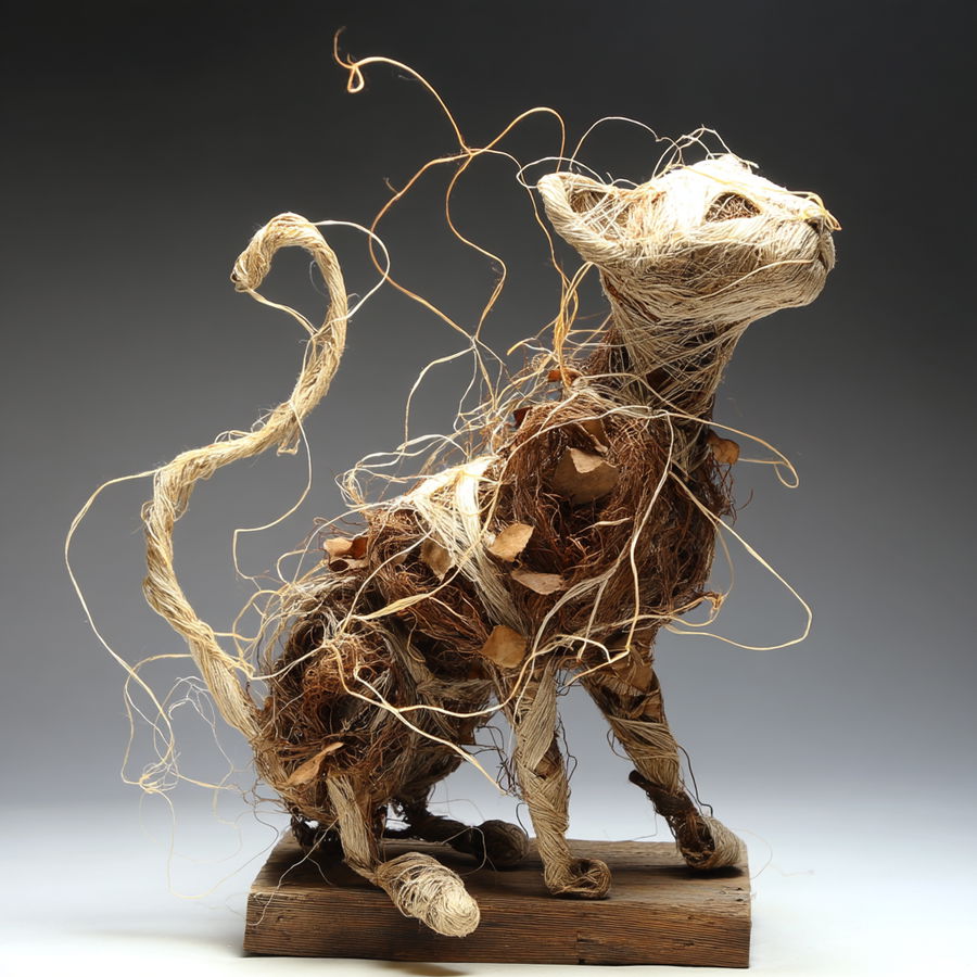 Elegant cat sculpture crafted from twine and silk threads