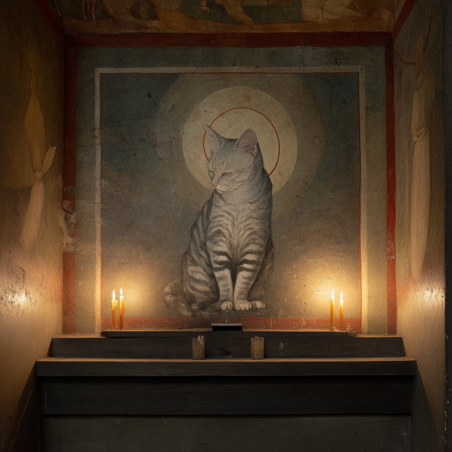 Small shrine with striped gray cat fresco and candles