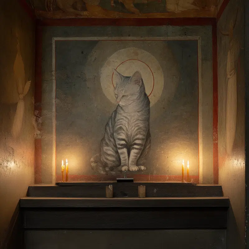 Regal Cat Shrine Decor Inspiration with Striking Fresco Details
