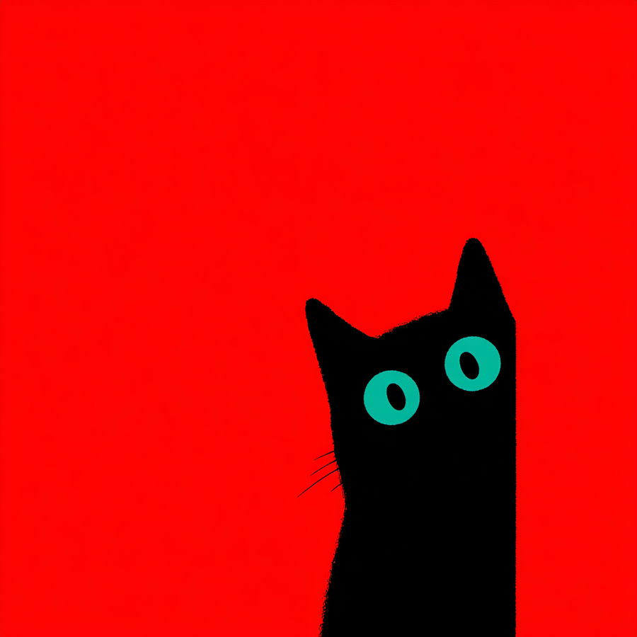 Black cat silhouette with turquoise highlights on red background