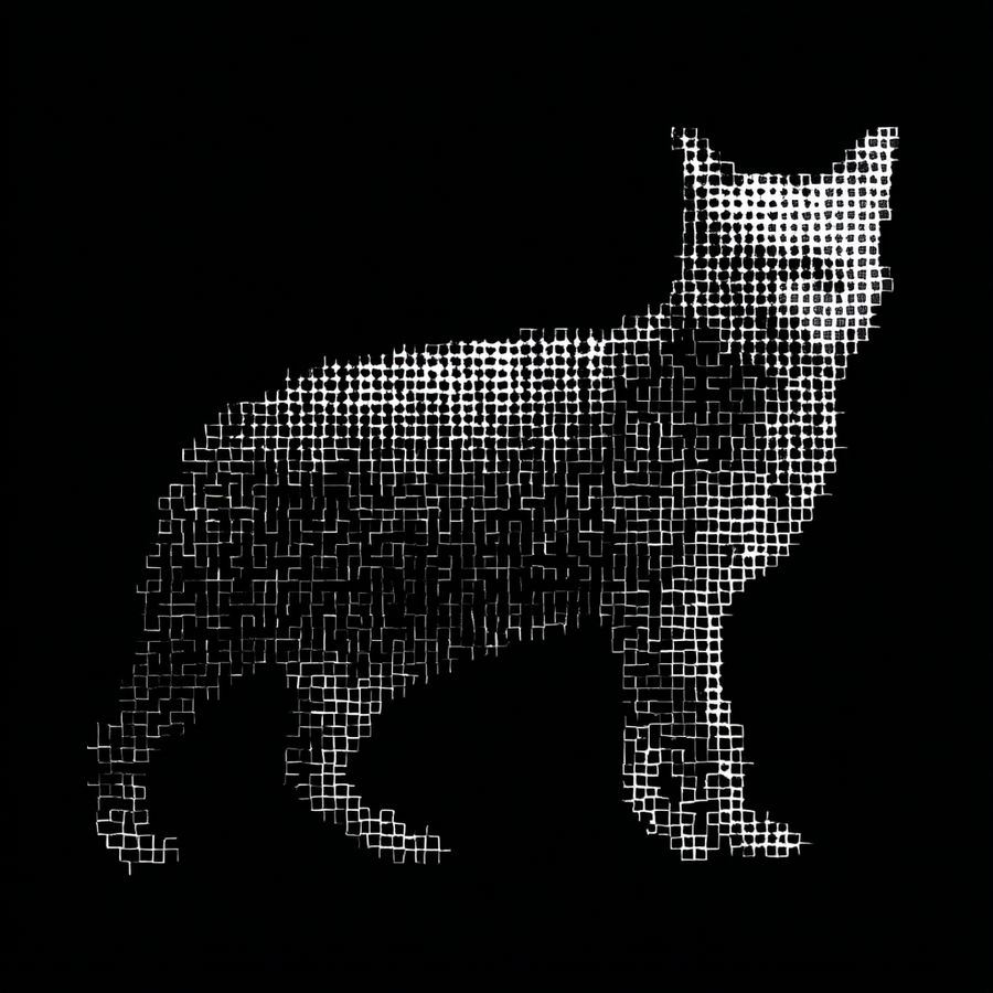 Silhouette of a full-body cat formed by thirty squares