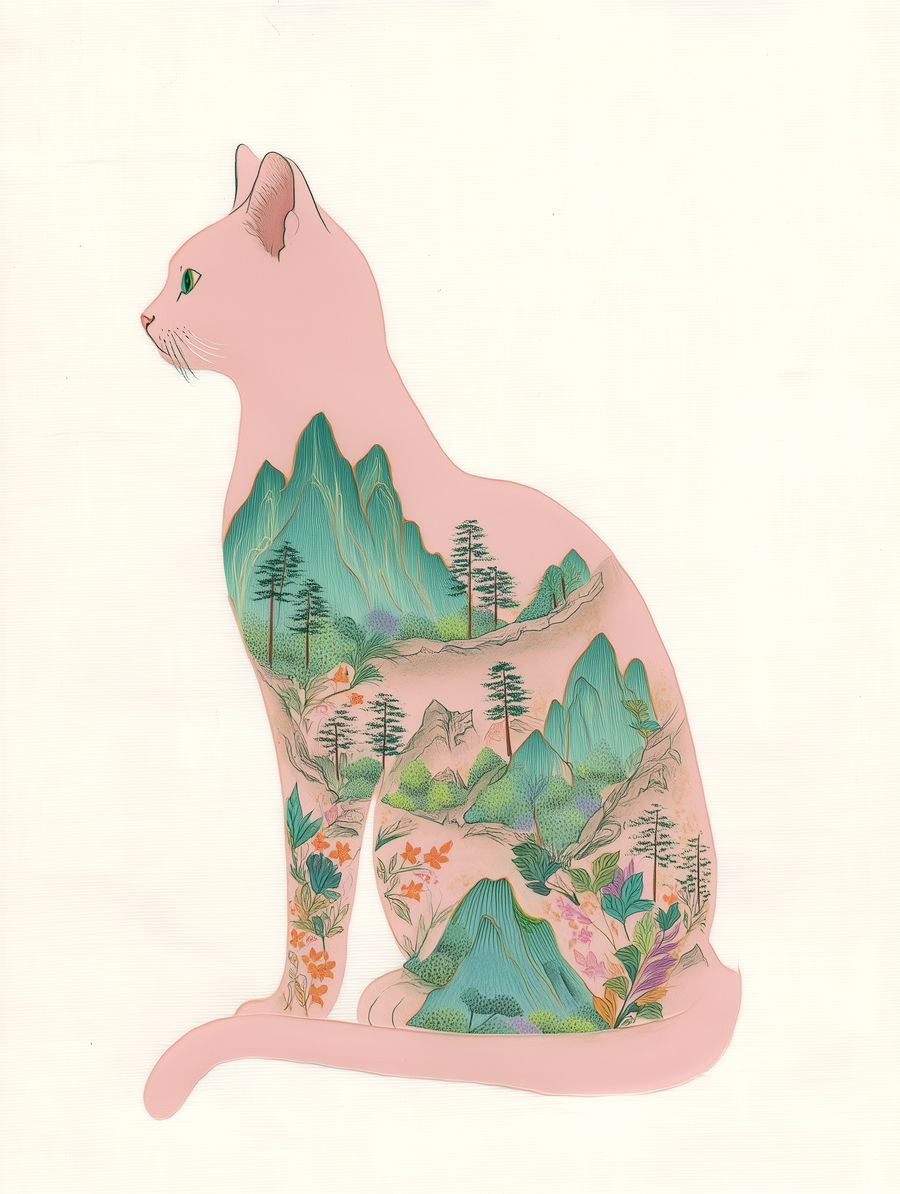 Cat silhouette with Korean landscape painting in soft teal