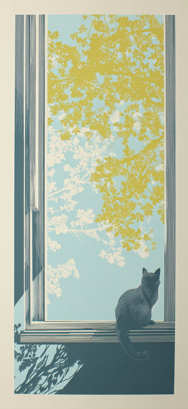 Cat silhouette in window with floral pattern and tree shadow