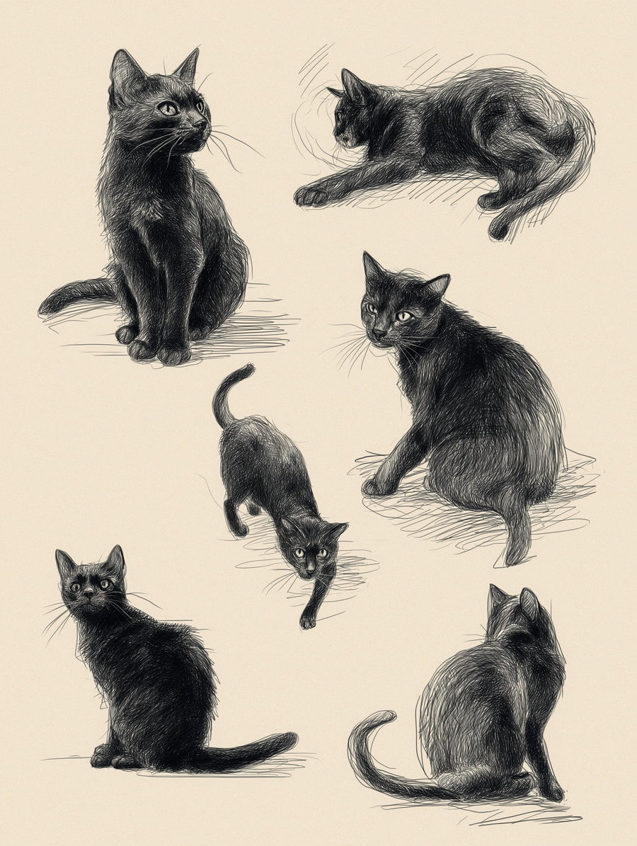 Six poses of a female black cat in graphite sketch