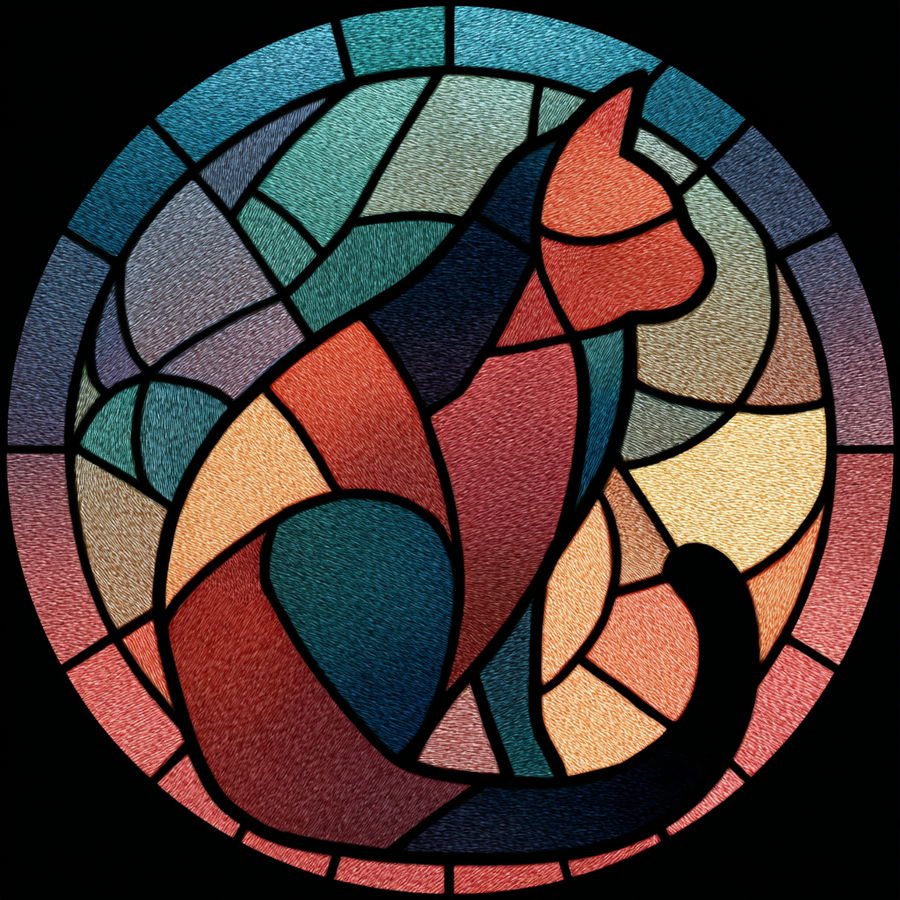 Bold black outline stained glass cat design in vibrant colors