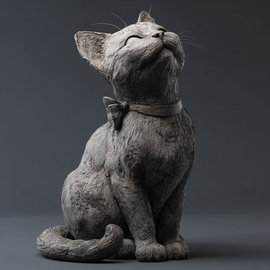 Statue of a regal cat surrounded by flowers and greenery