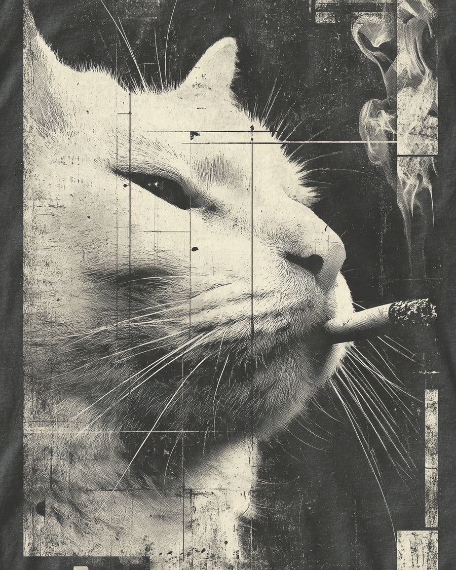 Close-up of a white cat with cigarette grunge t-shirt design