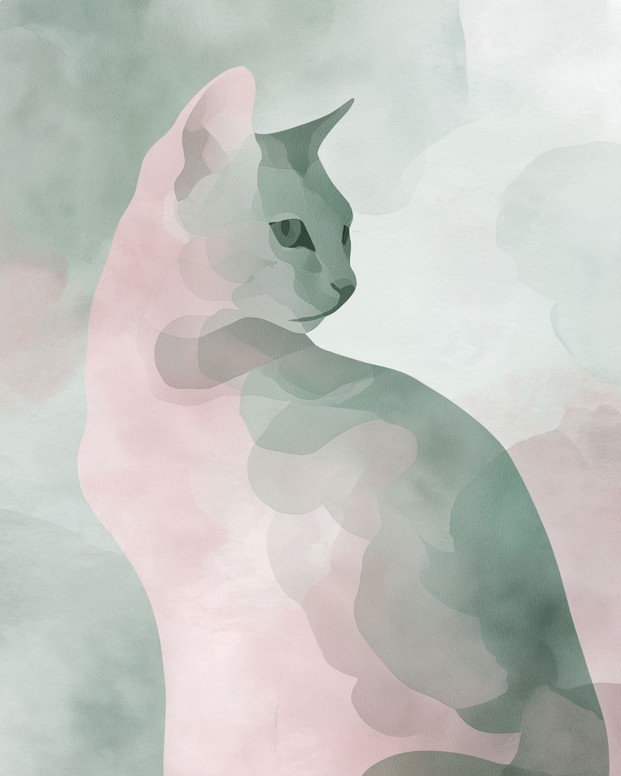 Whimsical cat illustration in soft pink and sage green